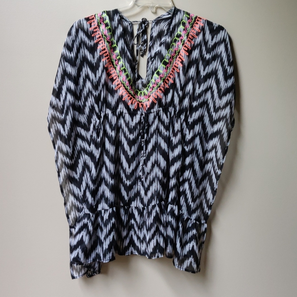 Miken Swim Black White Embroidered Ruffled CoverUp